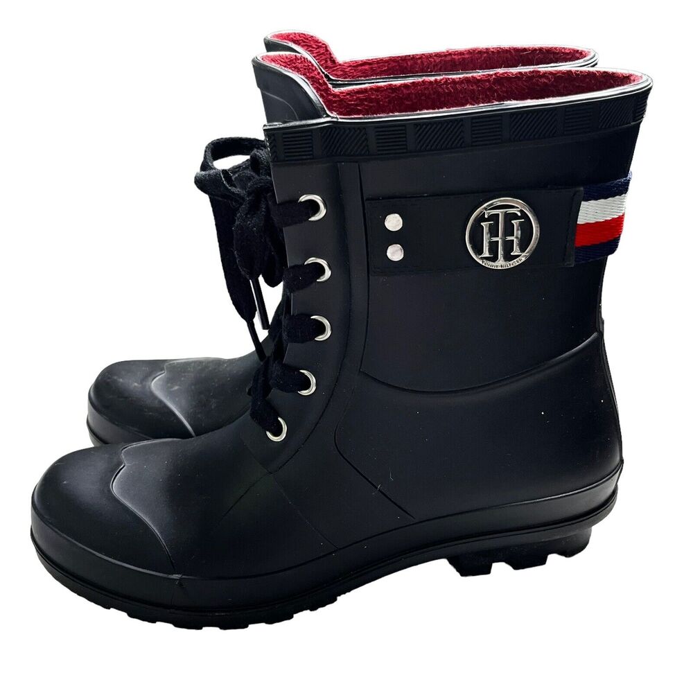Tommy Hilfiger Size 6 M Rineti Rain Boots Black Lace Up Waterproof Snow Rubber